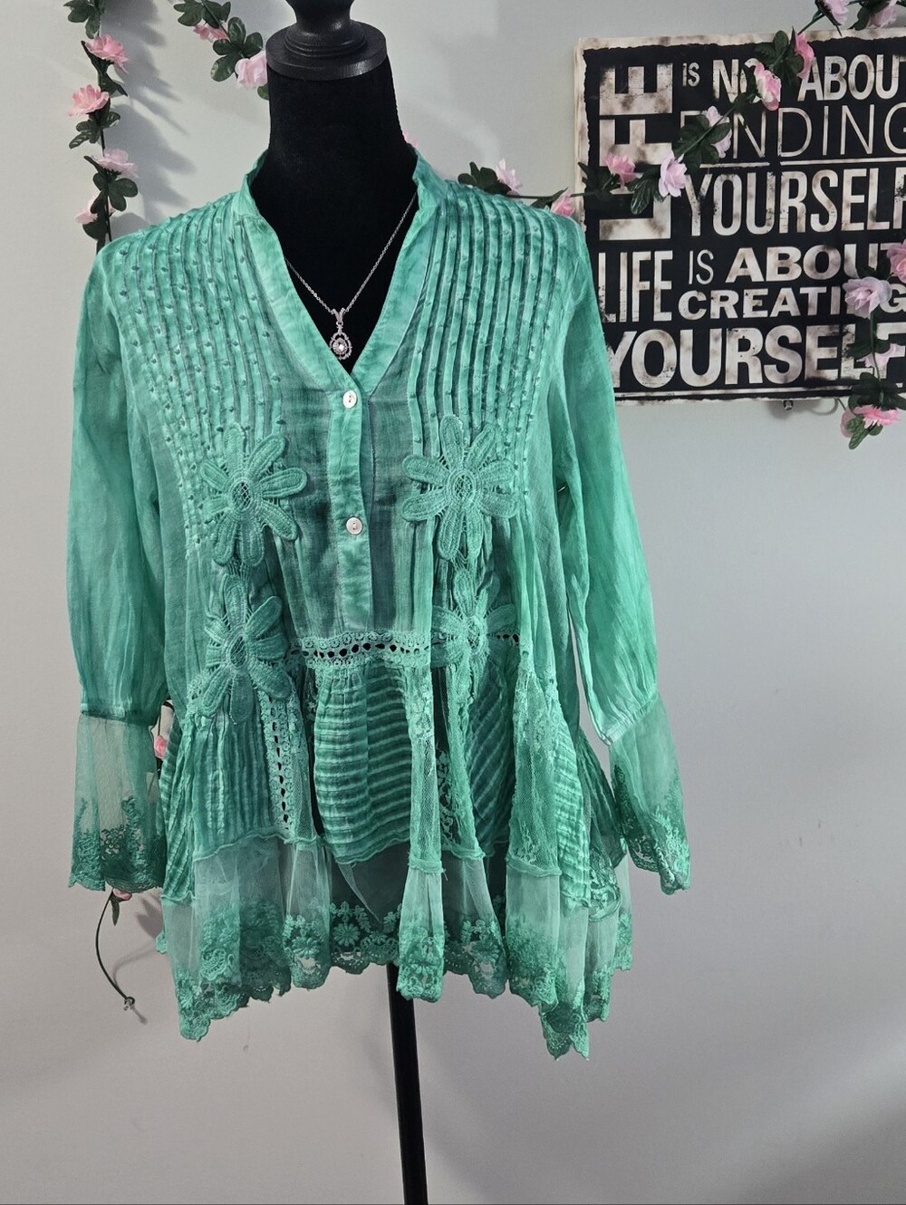 Muche Muchette Teal Cotton Lace Boho Tunic Top - O/S